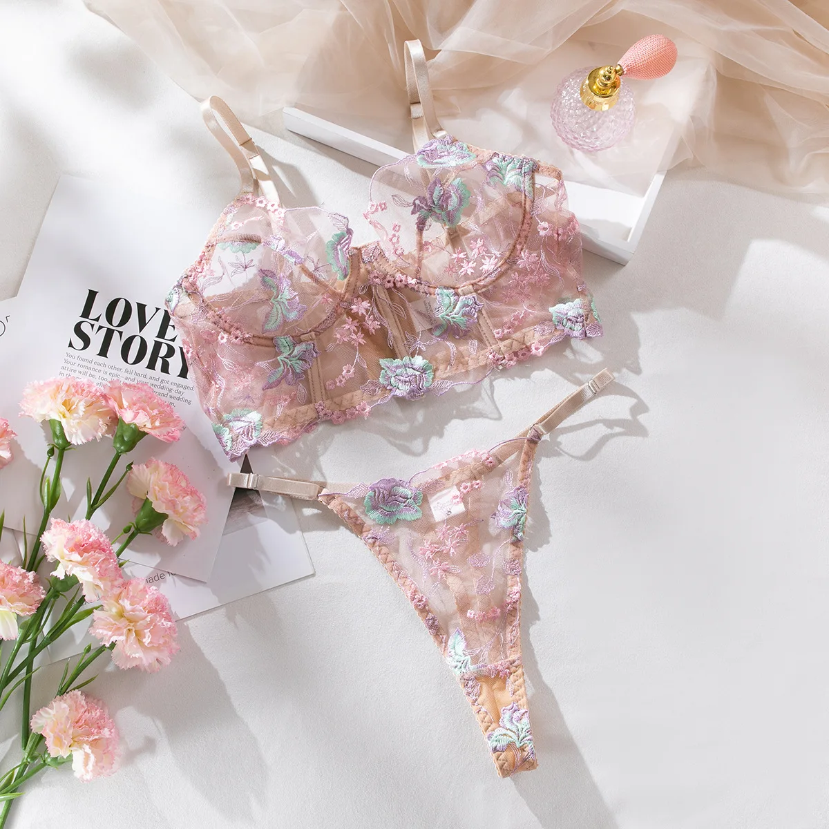

Floral Embroidery Lingerie Set Women Boho Intimates Sensual Sexy 2-Piece Bra + Panty Fancy Underwear Set