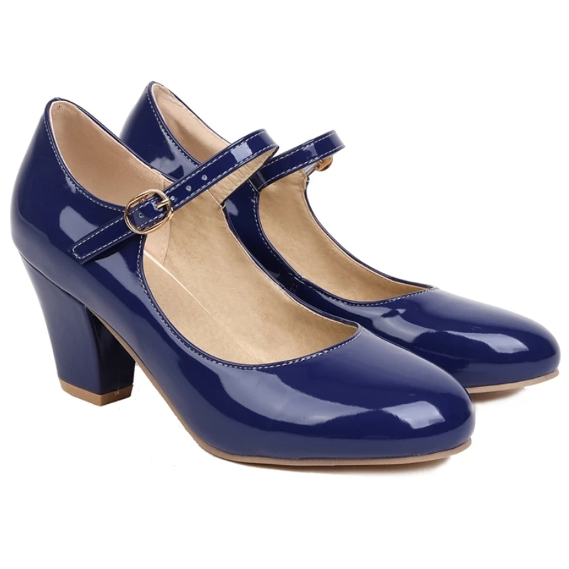 Zapatos de tacón alto tipo bloque para mujer, talla grande 45, zapatos Lolita Mary Jane, elegantes, negro, rojo, rosa, azul, zapatos de tacón para oficina y boda para mujer