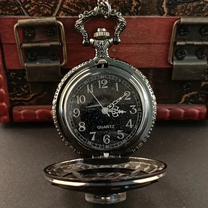 Reloj de bolsillo clásico Vintage exquisito br 매ula esqueleto hueco negro estrellado esfera redonda reloj colgante antiguo regal