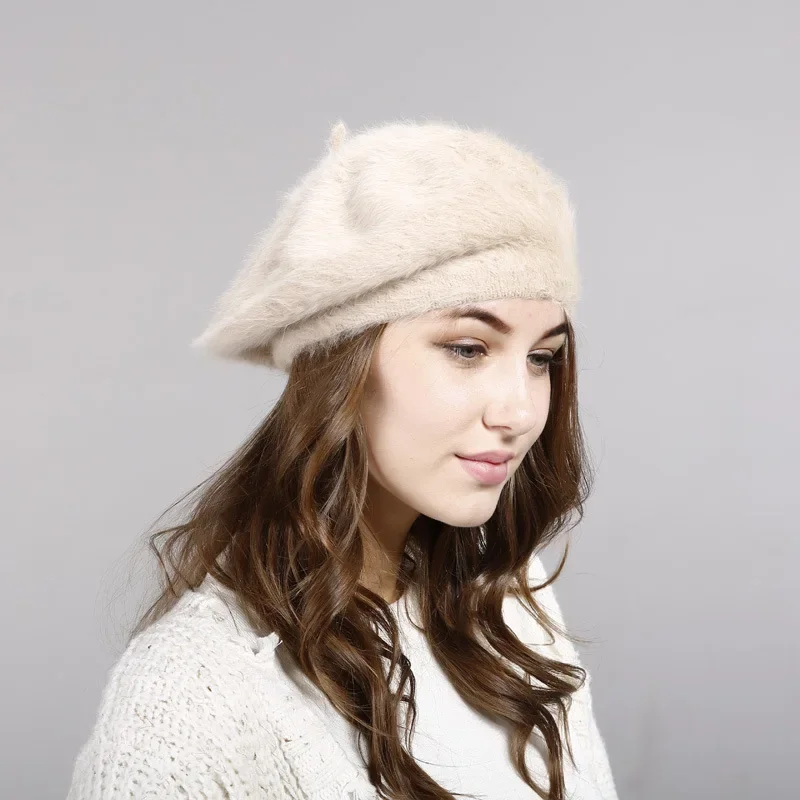 Boina monocromática de cabelo de coelho para mulheres, boina de senhora, Gorros de menina, chapéu da Vogue, chapéus femininos, inverno quente