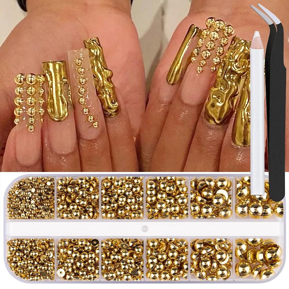 12 rejillas 3D 2-8mm cuentas de acero semicirculares accesorios de decoración de uñas oro plata parte posterior plana perla Caviar bola dijes de uñas Y2K decoración de uñas