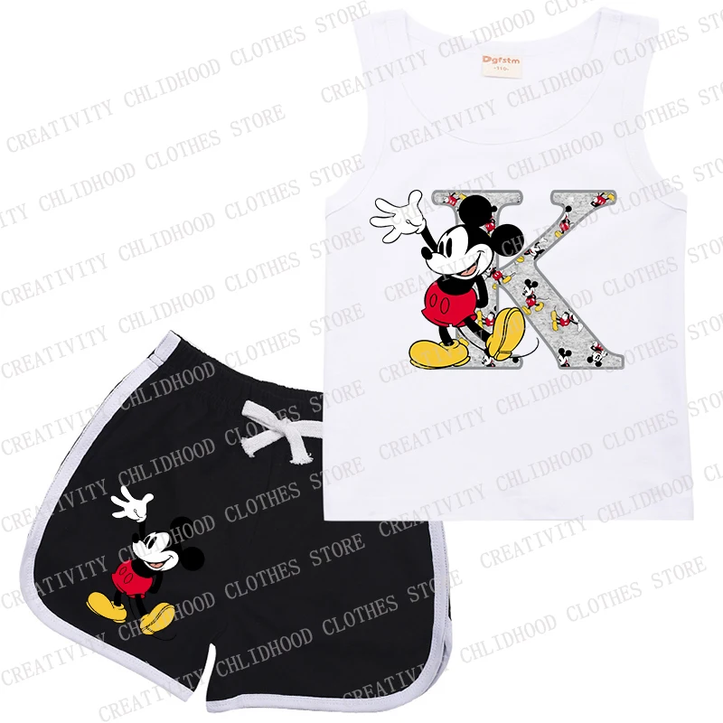 Disney tureChildren-Shorts de sport pour enfants, lettres A B C D trempées, vêtements décontractés de dessin animé Kawaii, FibrGirl Boy, ensembles de 2 pièces