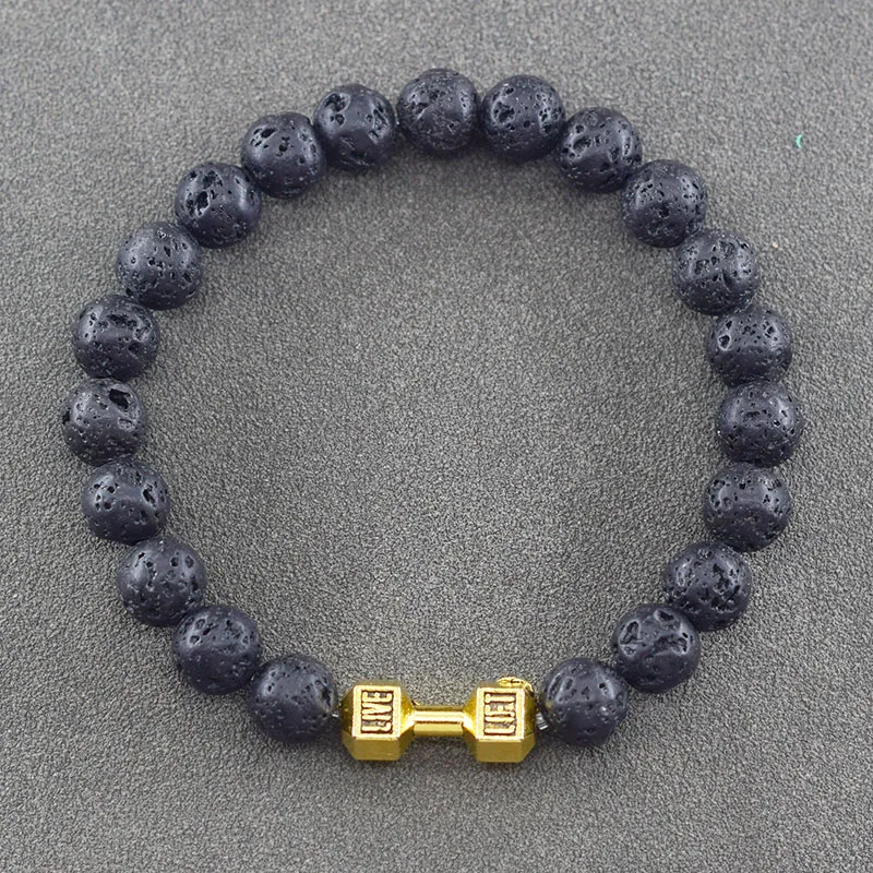 Natural Black Volcanic Lava Stone Dumbbell Bracelet Men Matte Obisidian Beads Bracelets for Women Body Slimming Barbell Jewelry