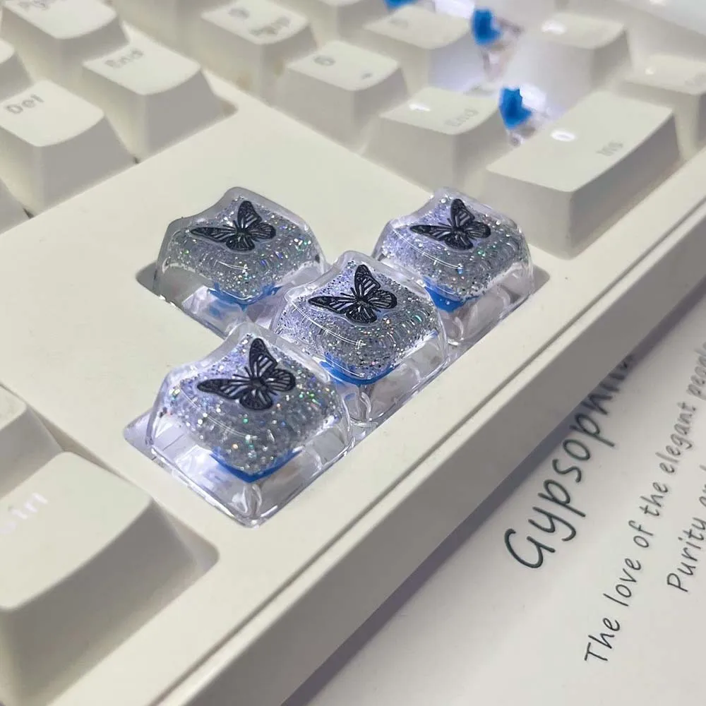 4Pcs Silver Glitter Resin Butterfly Keycaps Mechanical Keyboard Key Caps Gaming Keyboard Accessories for Cherry MX Switches
