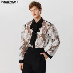 Fashion Sexy New Men Perspective Lace Print Jacquard Tie Shirts Casual Male Hot Sale Long Sleeved Blouse S-5XL INCERUN Tops 2024