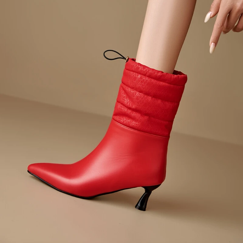 

Girseaby Women's Mid-Calf Snow Boots Pointed Toe 6cm Stiletto Small Heel Plush, Pleated Elastic Big Size 48 US16-17 Silver