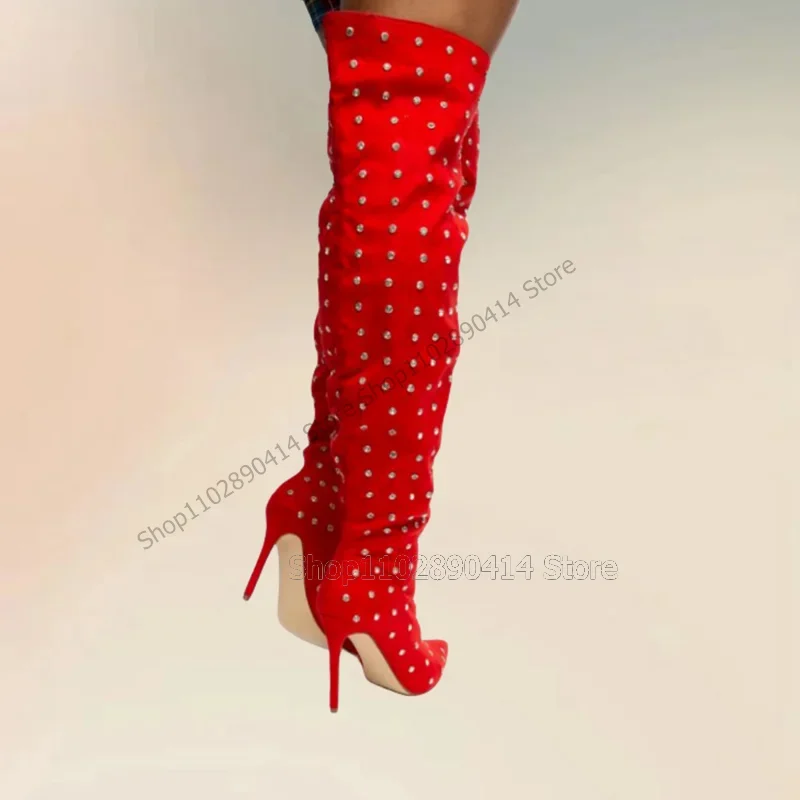 Red Black White Rivets Decor Pointed Toe Boots Side Zipper Women Shoes Thin High Heels Fashion Banquet 2023 Zapatos Para Mujere