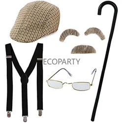 Old Man Costume Grandpa Costume with Cane Old Man Glasses Eyebrows Mustache Hat Toy Crutches Adjustable Strap 6PCS Set