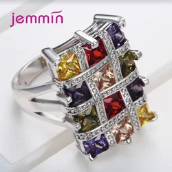 Boutique Women 925 Sterling Silver Colorful Geometric Rings Square Big Cubic Zircon Romantic Promise Engagement Jewelry