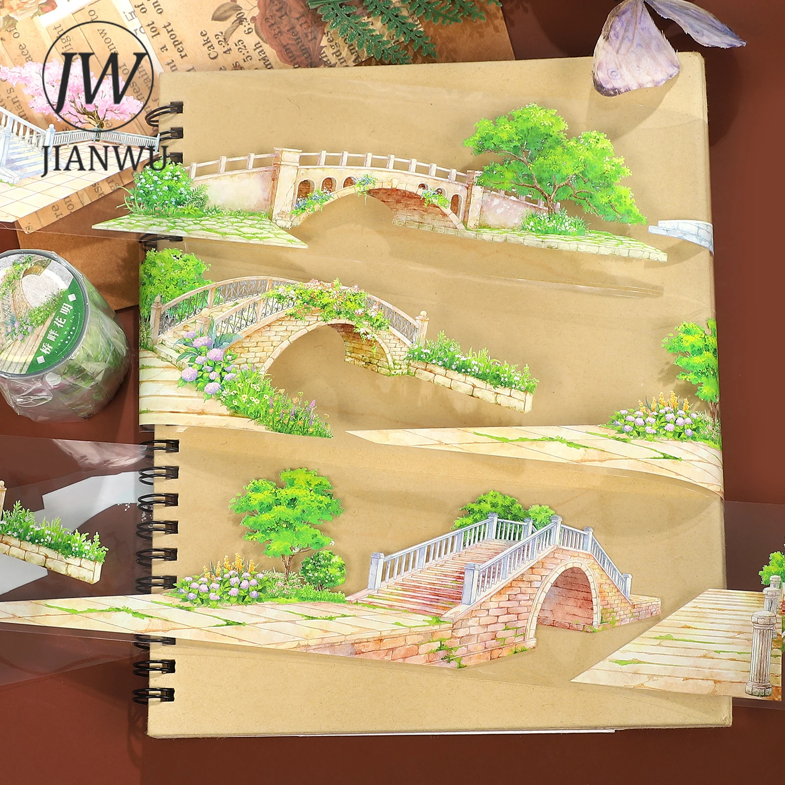 

JIANWU 60mm*5m Vintage Bridgeside Plant Flower Landscape Material Collage Scrapbooking PET Tape Creative DIY Journal Stationery