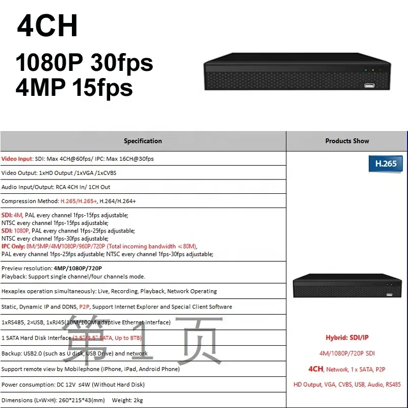 4MP 1080P HD IP EX-SDI 4CH 8CH 16CH DVR Hybrid IP Network Standalone SDI DVR for 1 SATA P2P Video USB Audio RS485 Live Recording