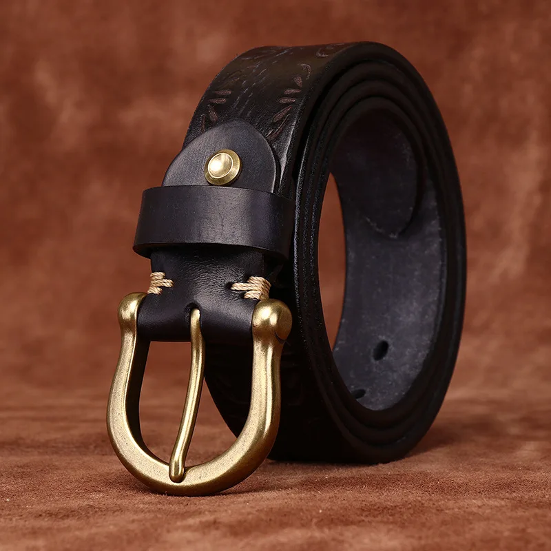 

Personalized carved thickened extra thick retro frosted belt men's genuine leather horseshoe buckle versatile casual denim belt