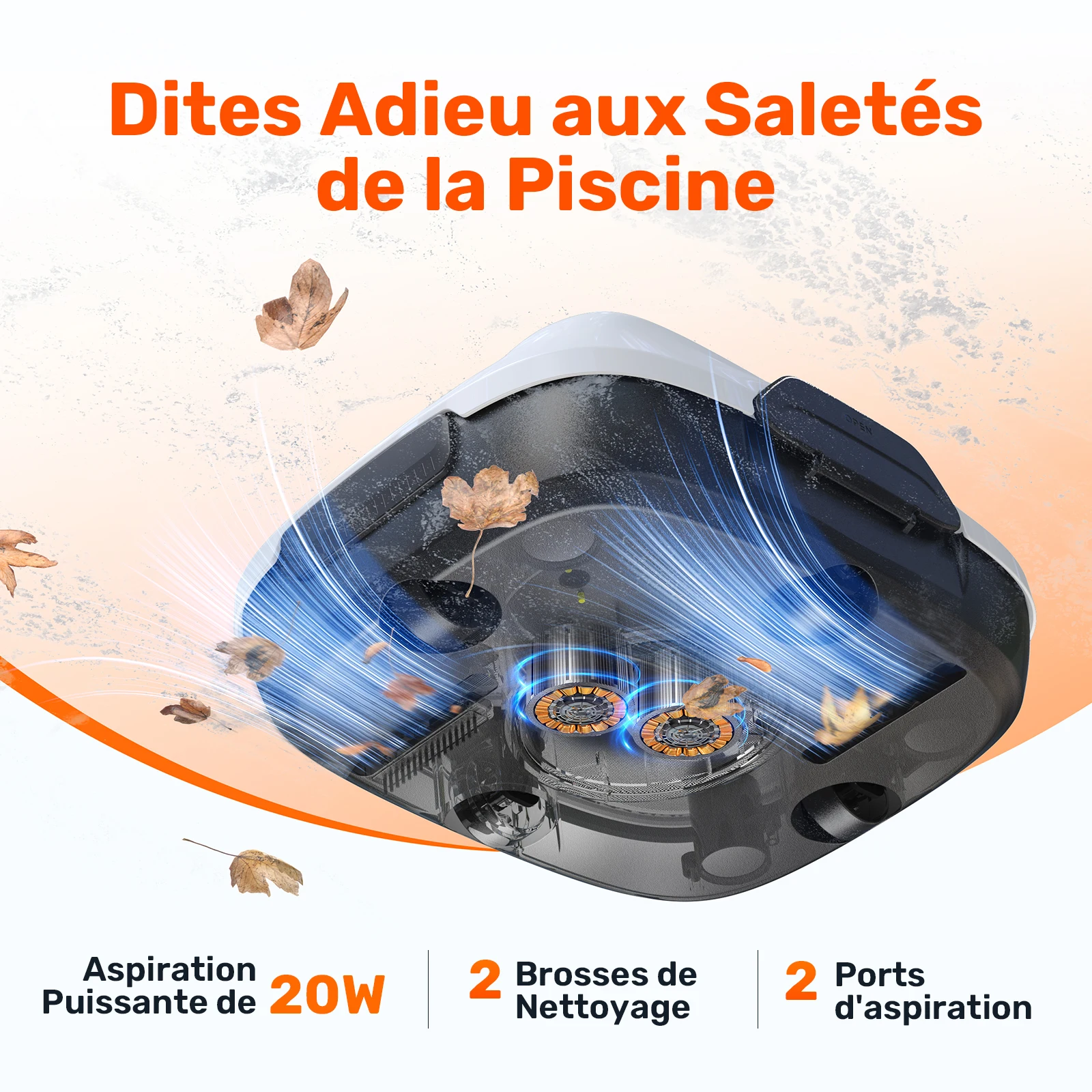Robot Piscine sans Fil, Aspirateur Automatique Piscine Hors Sol, 80 Min d’Autonomie, Retour Automatique, Portable