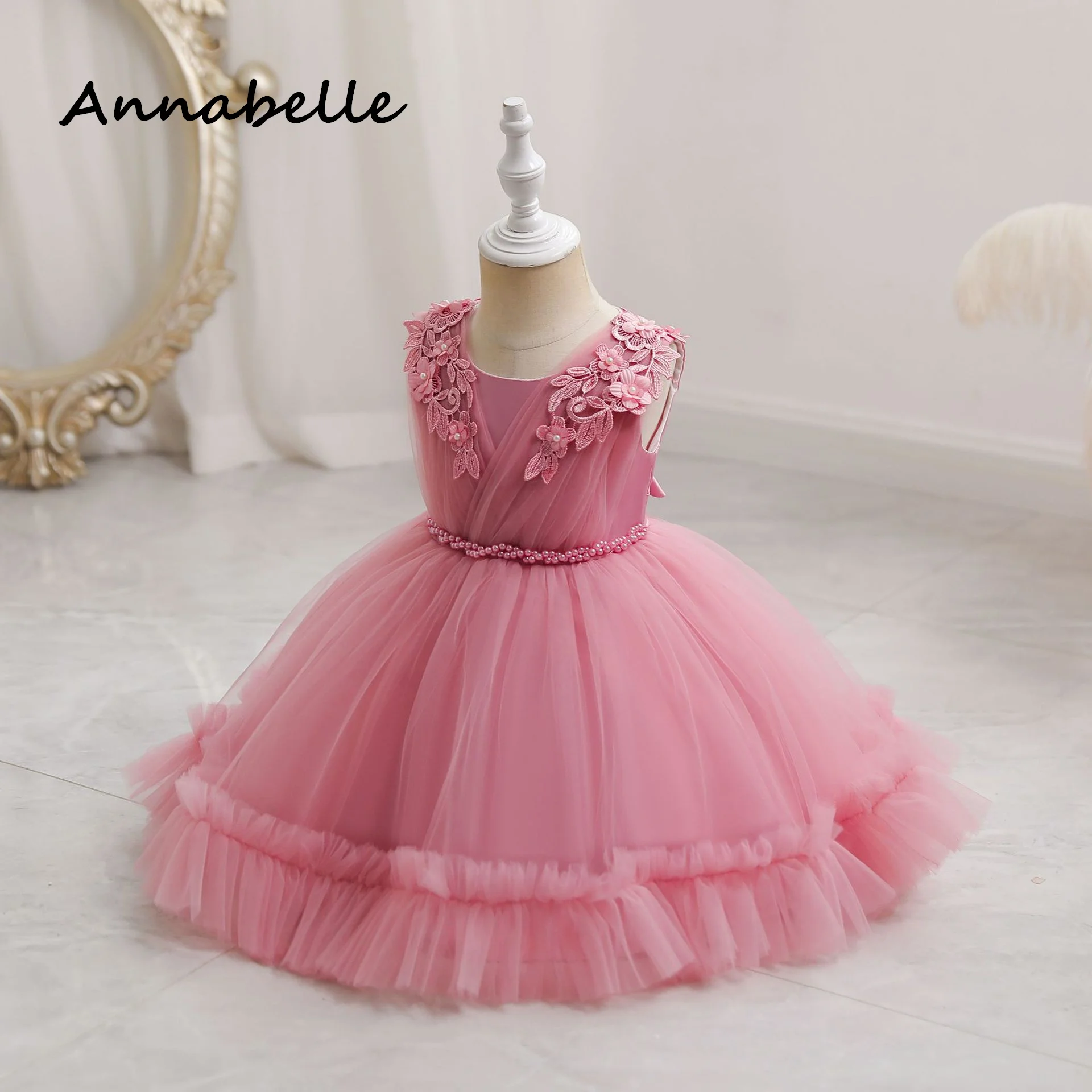 Annabelle-Robe longue fleurie avec nœud pour bébé fille, tenue de soirée de mariage pour demoiselle d'honneur, vêtements de princesse colorés pour enfants