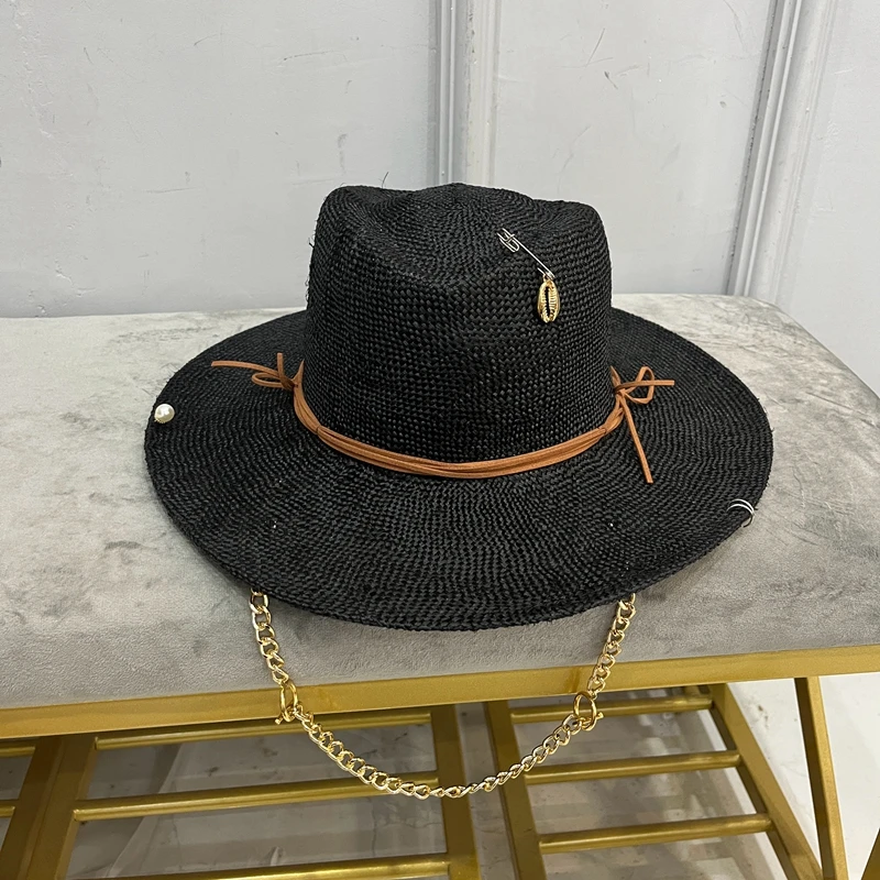 2022 new arrival women\'s sun hat black bule straw hat with chain and pin and pearl in the sea side