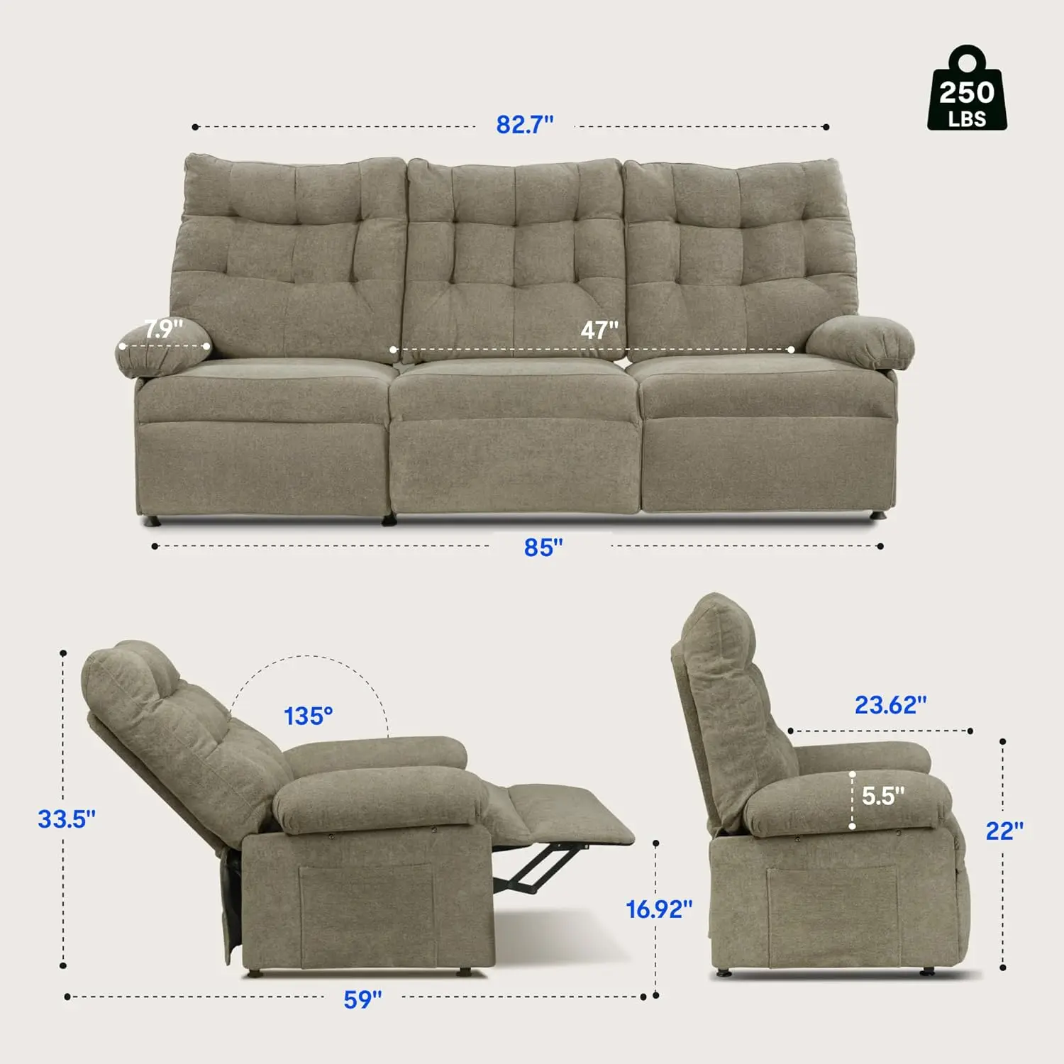 Flexispot Dual Motor Power Reclining Sofa Set - 3-Seat Sofa And 2 Single Chairs, Adjustable Infinite Positions, Living Room