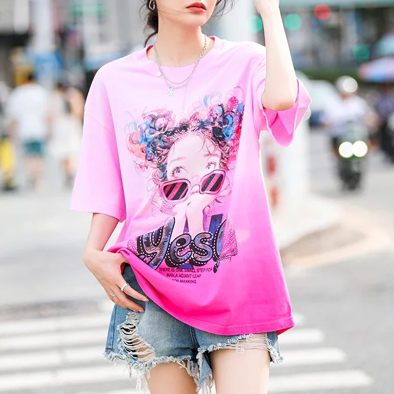 New Rhinestone T-shirt Short Sleeves Women's Summer Loose Fashion Design Gradient Color Top Mid-Length Half-Sleeved Pullovers