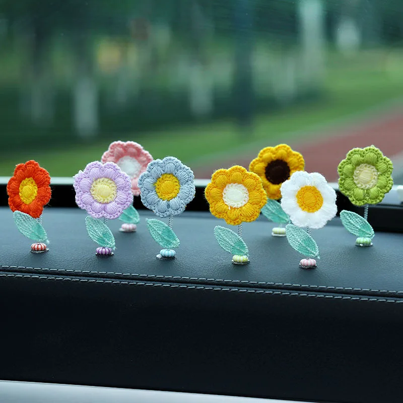 

Knitted Sunflower Car Decor, Bobble Head Dashboard Ornament for Car Interior, Cute Auto Accessory