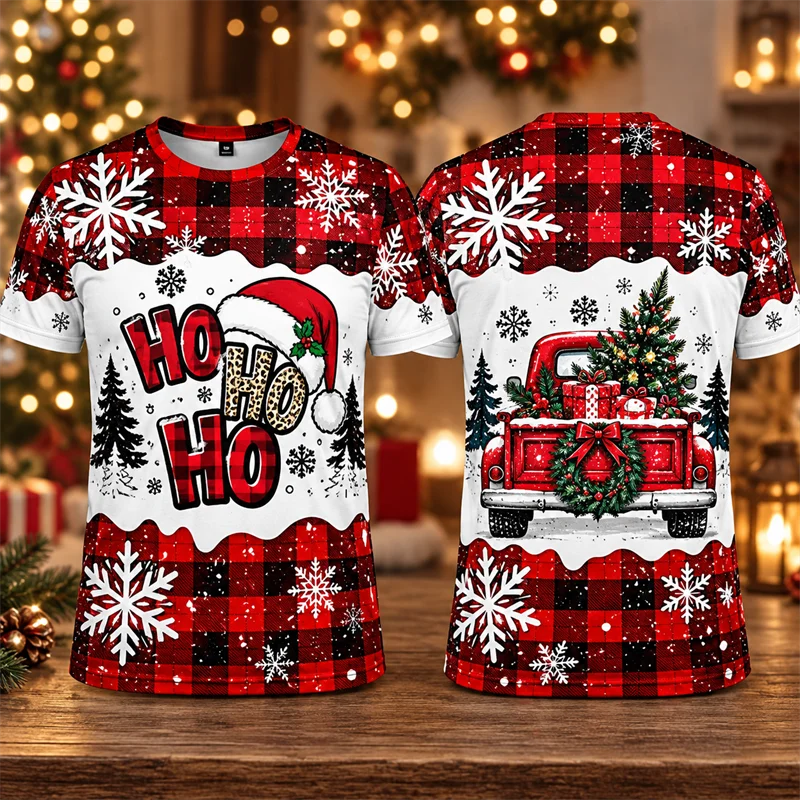 Men's Christmas 3D Print T Shirt,  Santa Holiday Tee, Christmas Tree Snowflake Graphic Short Sleeve Shirt, Festive Gift Tops