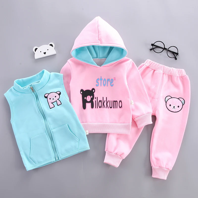 3-teiliges Set für Mädchen: Fleece-gefütterter Hoodie mit Bärenmuster, Kontrastblauer Weste und Hose, Winterkleidung für Kinder – Detail 1