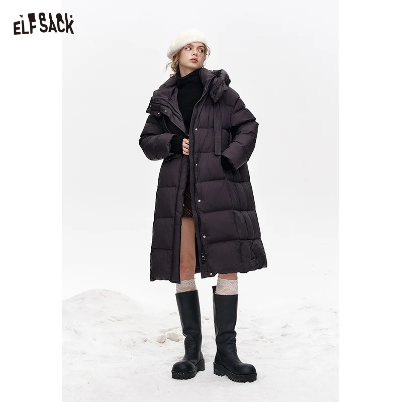 ELFSACK 2024 Winter New Arrivals Simple and versatile hooded long loose down jacket