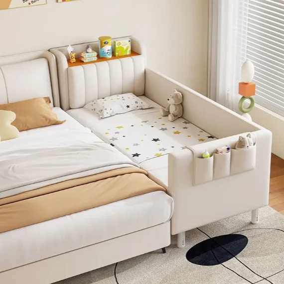 

#Children's Modular Bed Guardrails Toddler Crib Leather Upholstery Modern Design Storage Bedroom Adjustable Widened Side Bed