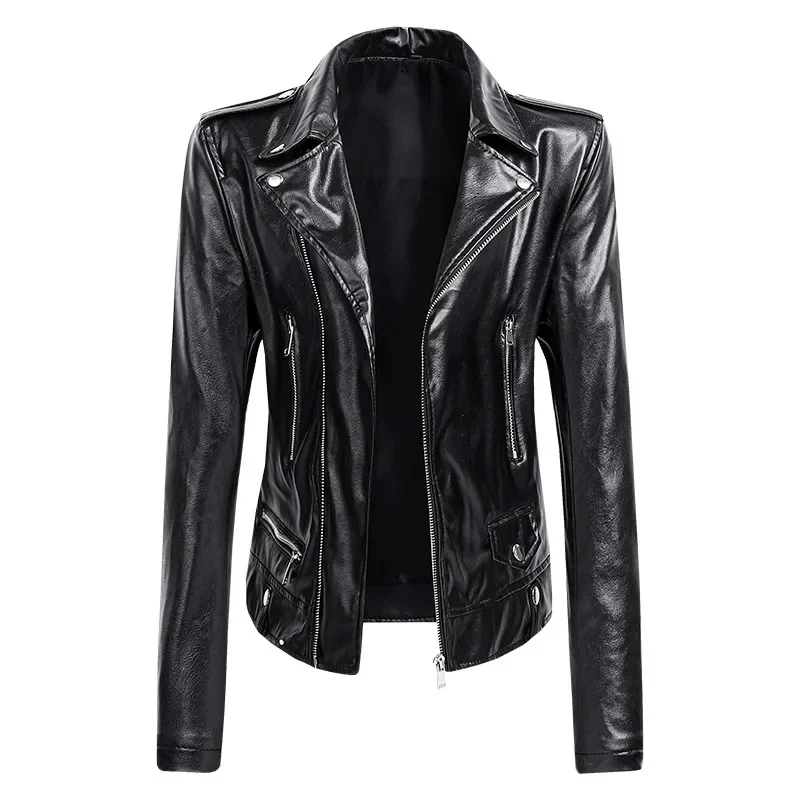 Fashion Women's Clothes Spring and Autumn Casua Faux Leather Coats Female V-Neck Collar PU Motorcycle Jacket Short Zipper Tops