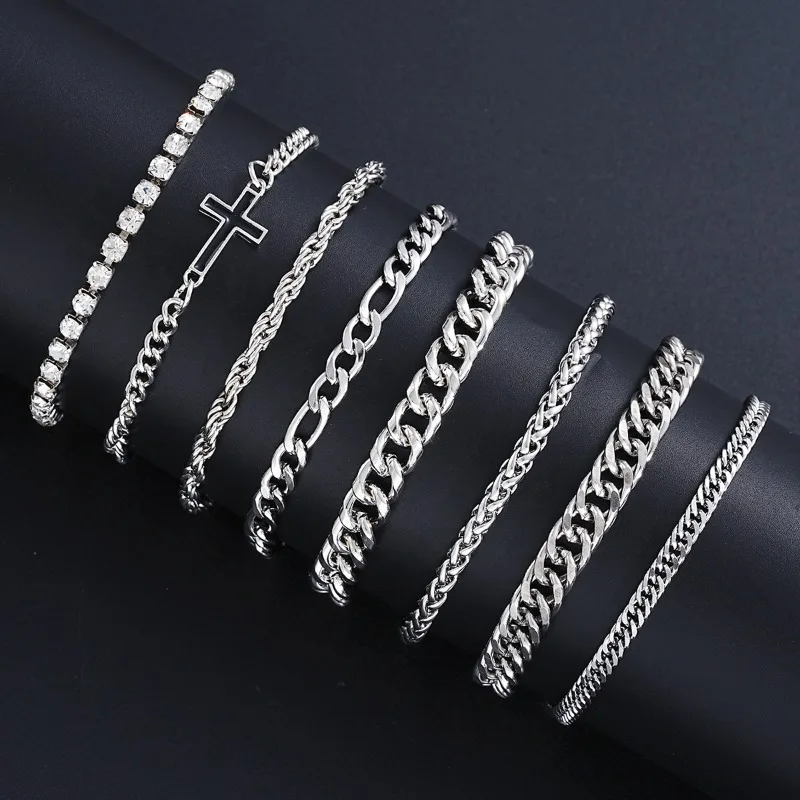 8Pcs Stainless Steel Cross Cuban Bracelets for Men Women Punk Silver Color Crystal Twist Chain Bracelet Daily Wear Fashion