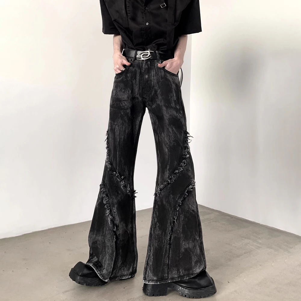 American High Street Dark Style Slightly Flared Men'S High Waist Niche Design Jeans High-End Fashion Trend Wide Leg Trousers Men