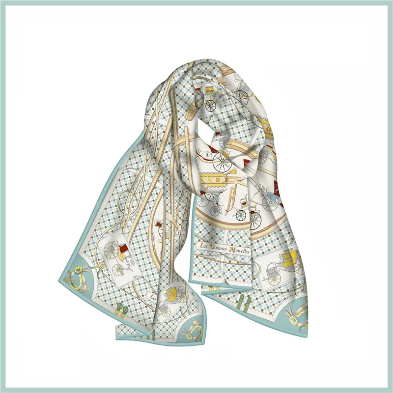 Pobing Twill Seiden schal Frauen Poncho Pferde kutsche gedruckt lange Schals Wraps Bandana großen Schal gerollte Hijabs weibliche Foulards – Detail 3