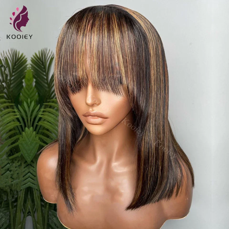 

Highlight Straight Short Bob Wig With Bangs 13x6 Lace Front Human Hair Wigs For Women Glueless Brazilian 5x5 Silk Top Base Wigs