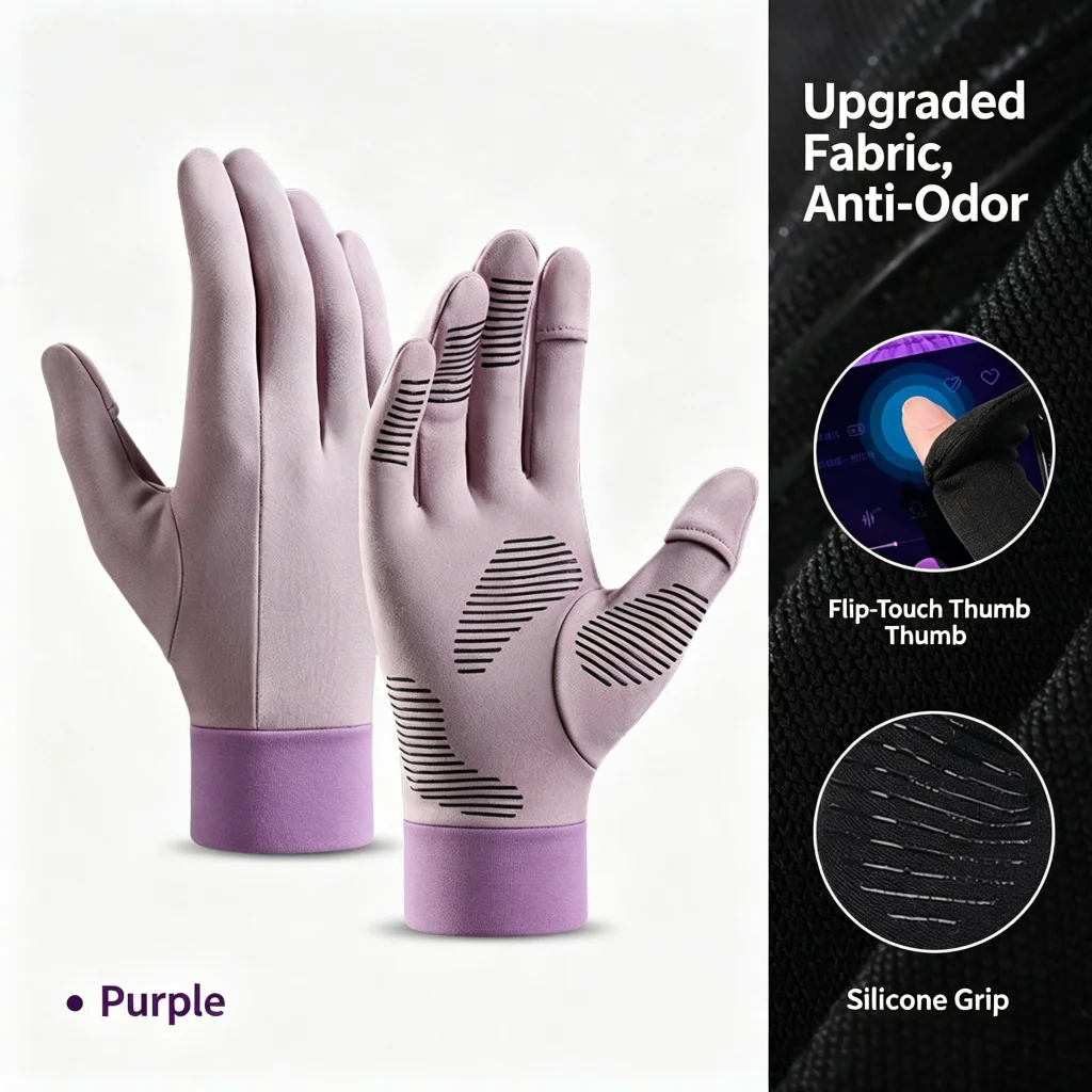 Women Purple Ski Liner Gloves, Touchscreen Windproof Fleece Warm Inner Gloves for Snowboarding Cycling Running Outdoor