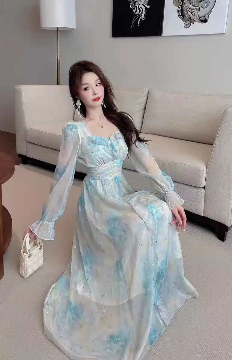 Femmes élégantes imprimé fleuri robe Maxi automne nouveau français Vintage fête d'anniversaire robes femme col en v a-ligne Mujers automne vêtements