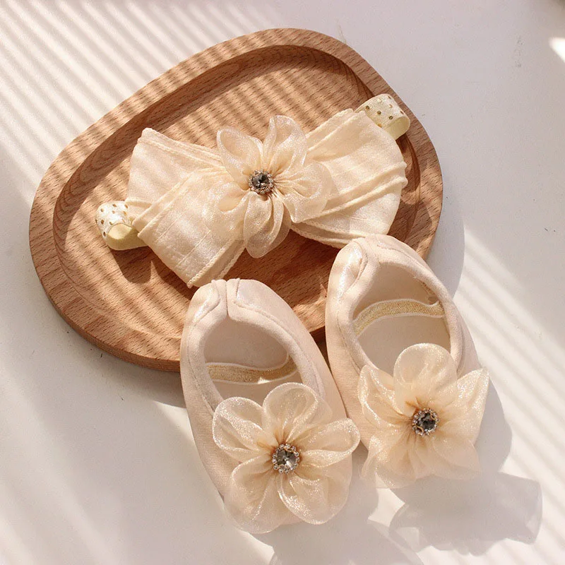 Newborn Hairband Socks Set Lace Bow Flower Headband+Cotton Soft Soled Shoes Princess Baby Birthday Headwear Infant Photo Props
