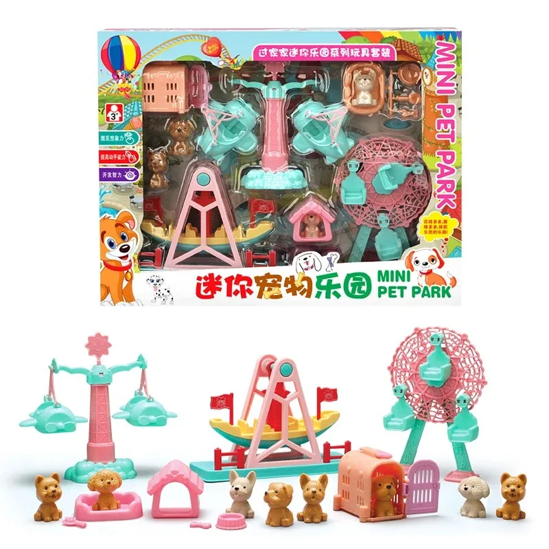 Kids DIY Mini Playhouse Pet Dog Cat Mini Park Playset Gift Girl Playing Home Simulation Amusement Park Toys Set For Boys Girls