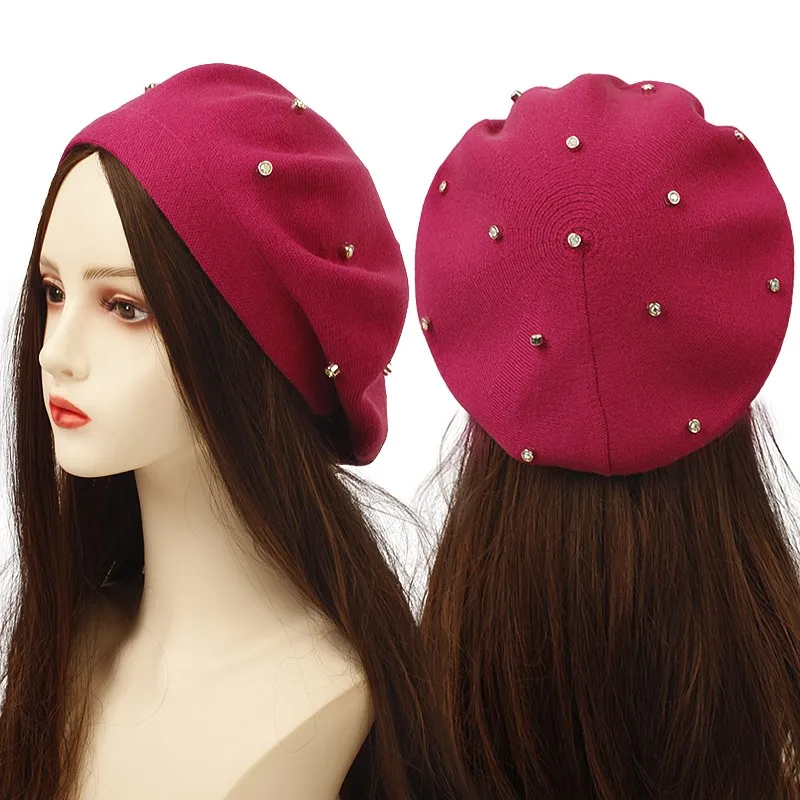 Women\'s Cashmere Berets Autumn Winter New Knitted Beret Female Colour Rhinestone French Artist Beret Warm Soft Fur Hat Bonnet