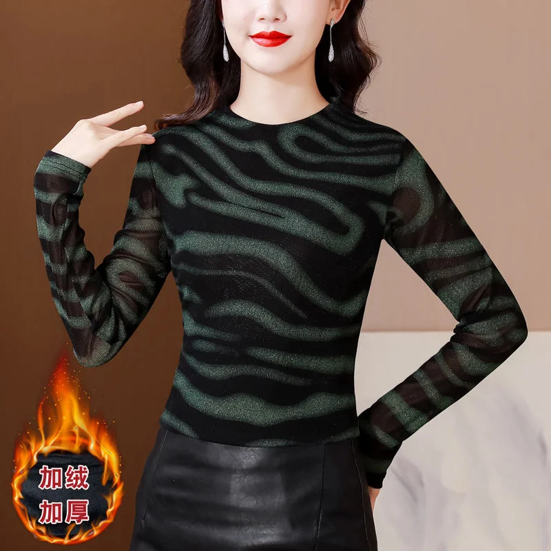 

Женская базовая рубашка с длинными рукавами и сетчатым принтом, модный приталенный топ