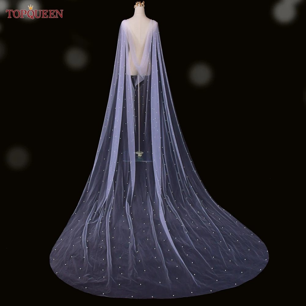 Topqueen G41 Bridal Cape Sluier Met Parels Bridal Shawl Bolero Capes Voor Jurk Sluier Bruid Tule Zomer Bridal Cape