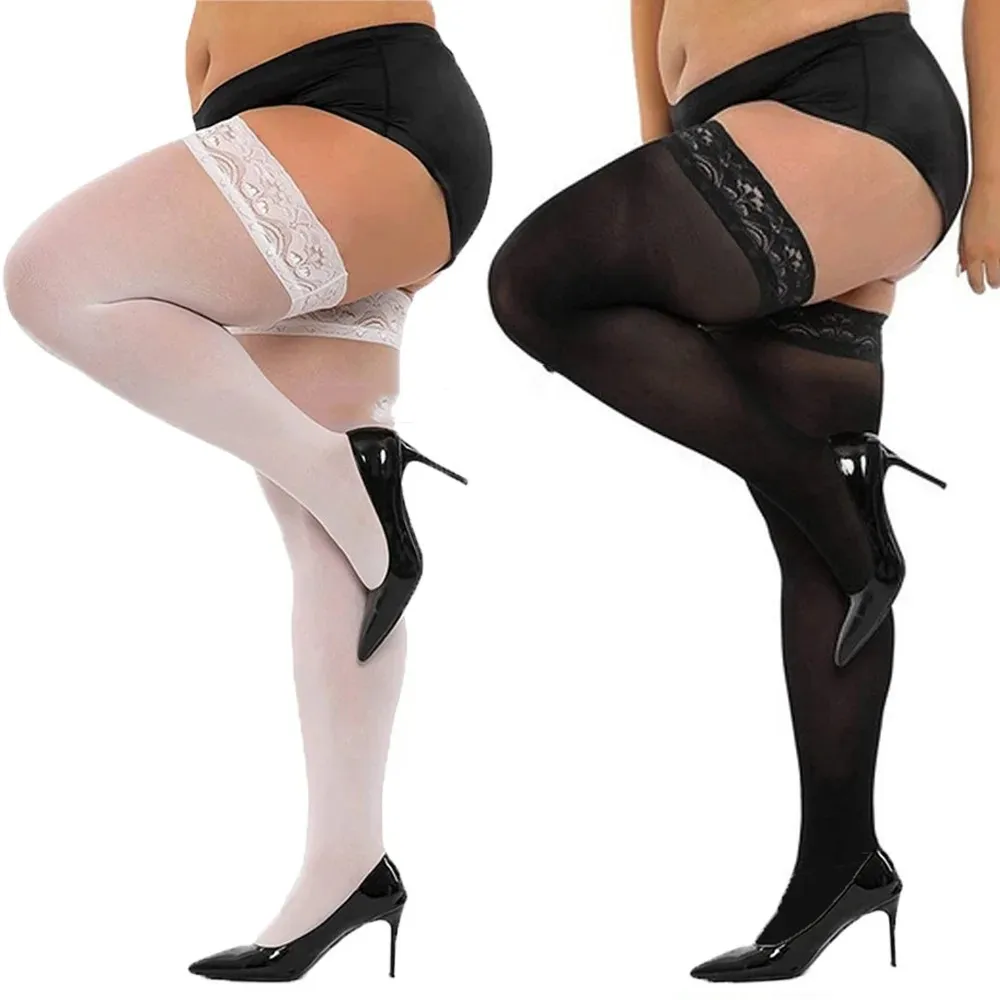 Plus Big Size Woman's Ultra-thin Lace Stockings Thigh High Stockings Silicone Lace Top Stay Up Silk Lace Socks