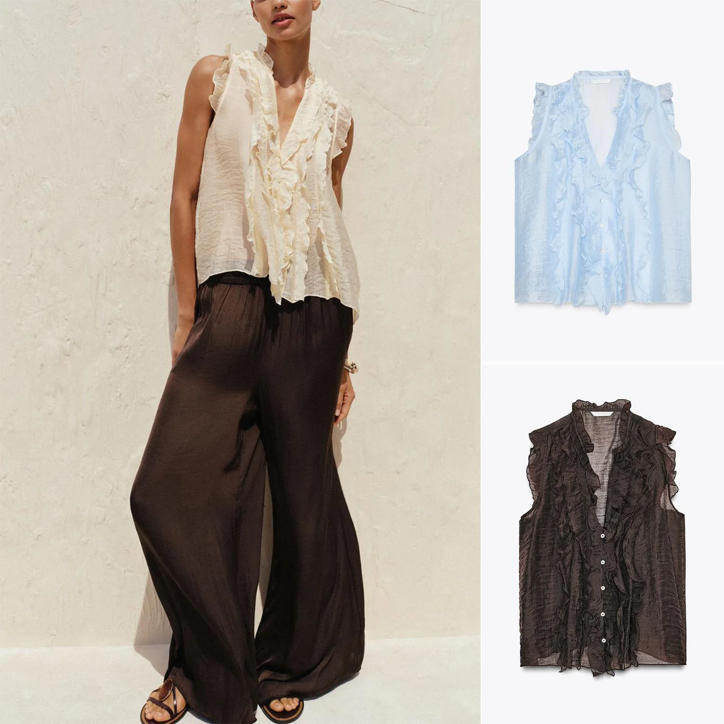 เสื้อผู้หญิงฤดูร้อนแบบโปร่งแสงทรงหลวม แต่งระบายหลายชั้น คอวี ผ้าโพลีเอสเตอร์ เหมาะสำหรับใส่ทำงาน