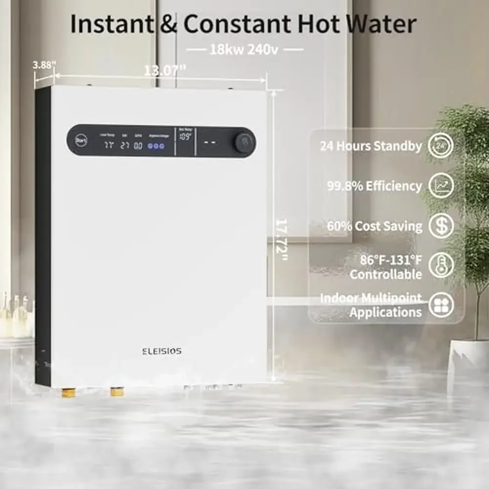 Electric Tankless Water Heater 18KW 240V LED Digital Display Self-Modulating On-Demand Hot Water System Max 131°F Compact Energy