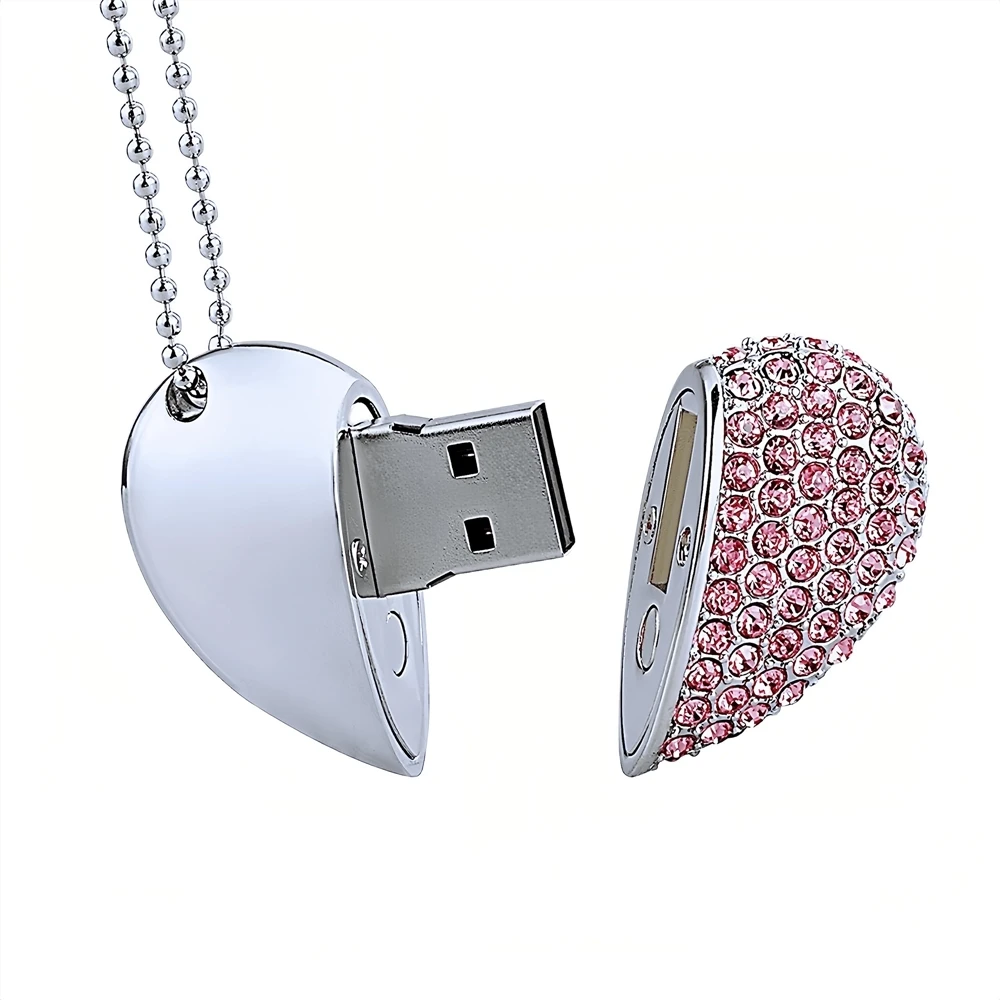 256GB Heart Shape USB 2.0 Flash Drive 32GB 64GB 128G 512G Crystal Memory Stick Thumb Pen Drive Jewelry Pendant Necklace with Key