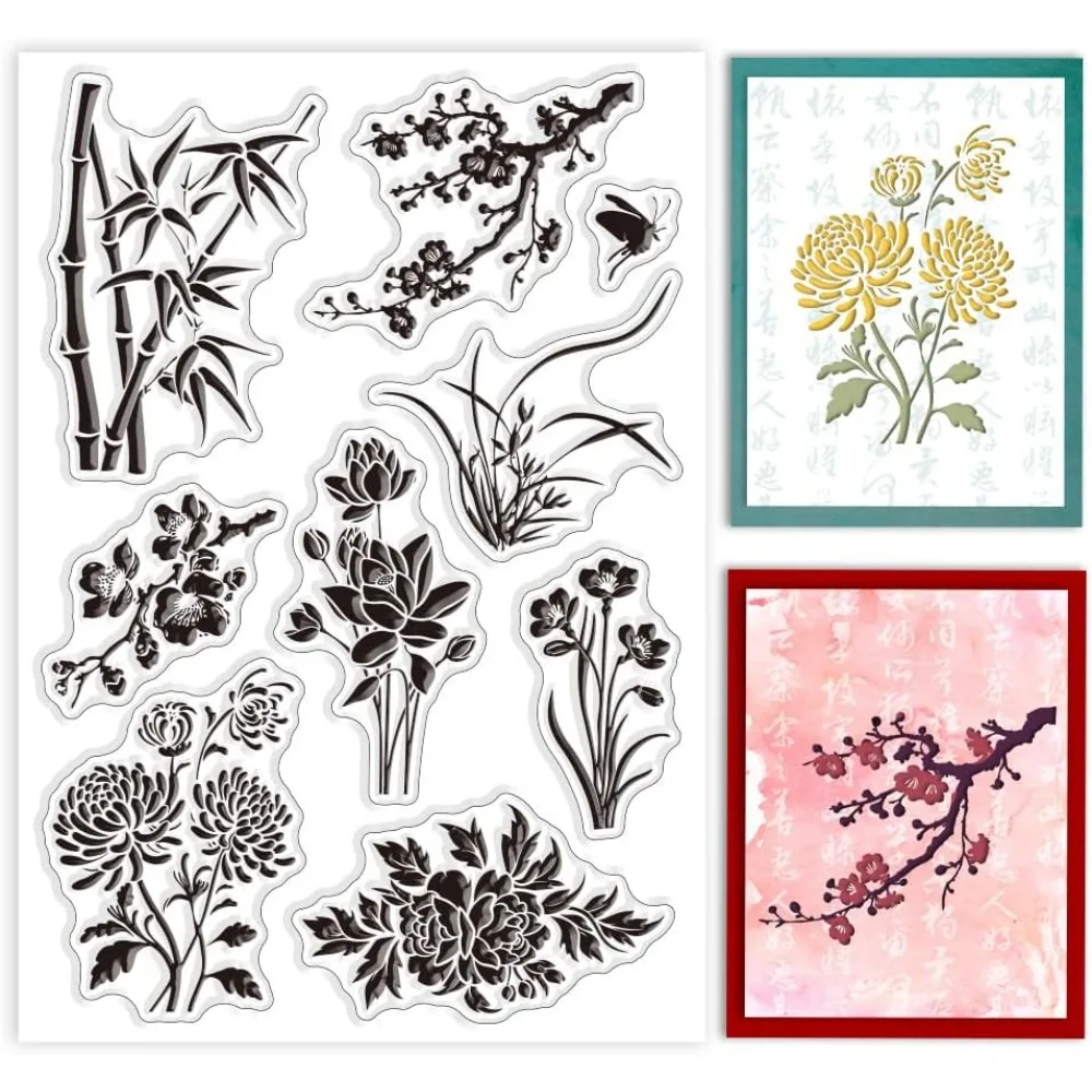 Chinese Flowers Clear Stamps Plum Blossoms Clear Rubber Stamps Bamboo Silicone Stamps for DIY Scrapbooking Photo Album