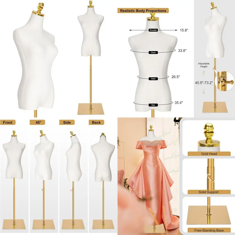 

Adjustable Height Female Gold Clothes Mannequin with Metal Base, White, 40-73 Inch
