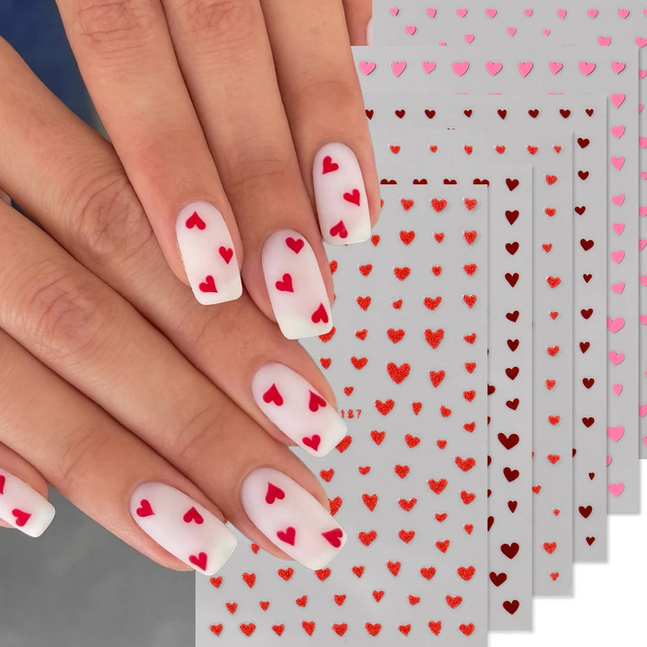 6-farbiges Mini-Nagelaufkleber-Set mit Liebesherz – rote Rosa, niedliche Herzform, schlichtes Design, selbstklebende Nagelaufkleber, DIY-Nageldekoration