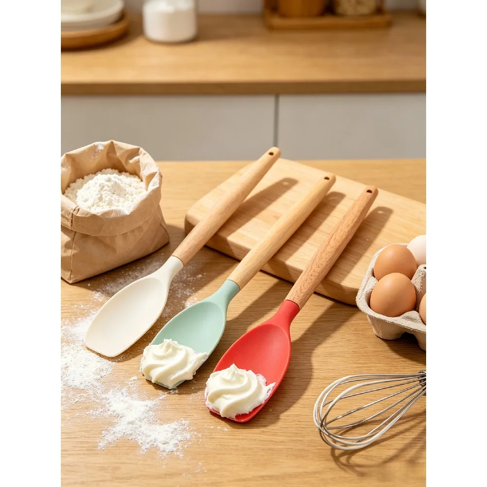 Wood Handle Silicone Spatula, Food‑Grade Heat‑Resistant Kitchen Cooking Spoon, Non‑Stick Cookware Friendly Utensil, Random Color