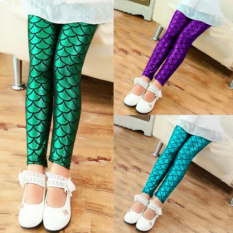 Summer Autumn Girls Leggings Mermaid Scale Printing Fall Girl Colorful Shiny Hot Pants Slim Trousers Kids Clothes 3-10Y