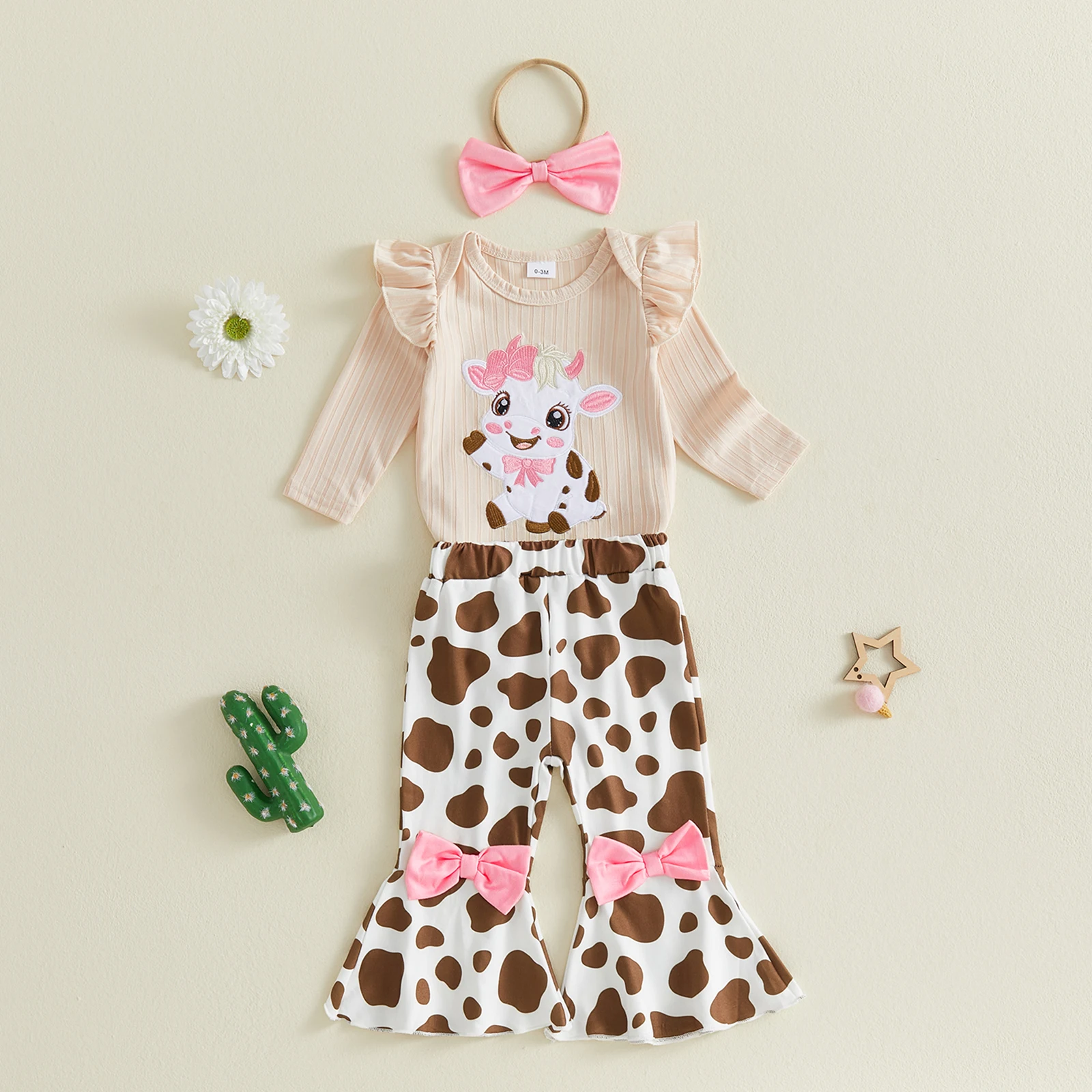 3pcs Set Baby Girls Western Outfits Cow Embroidery Romper Flared Pants Headband Cute Baby Autumn Clothing Set
