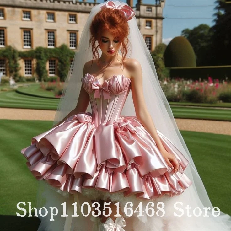 Custom Pink Strapless Short Wedding Dress Corset Style Ballet Inspired Bridal Gown Bow Adorned Puffy Skirt Sweet Wedding Dress