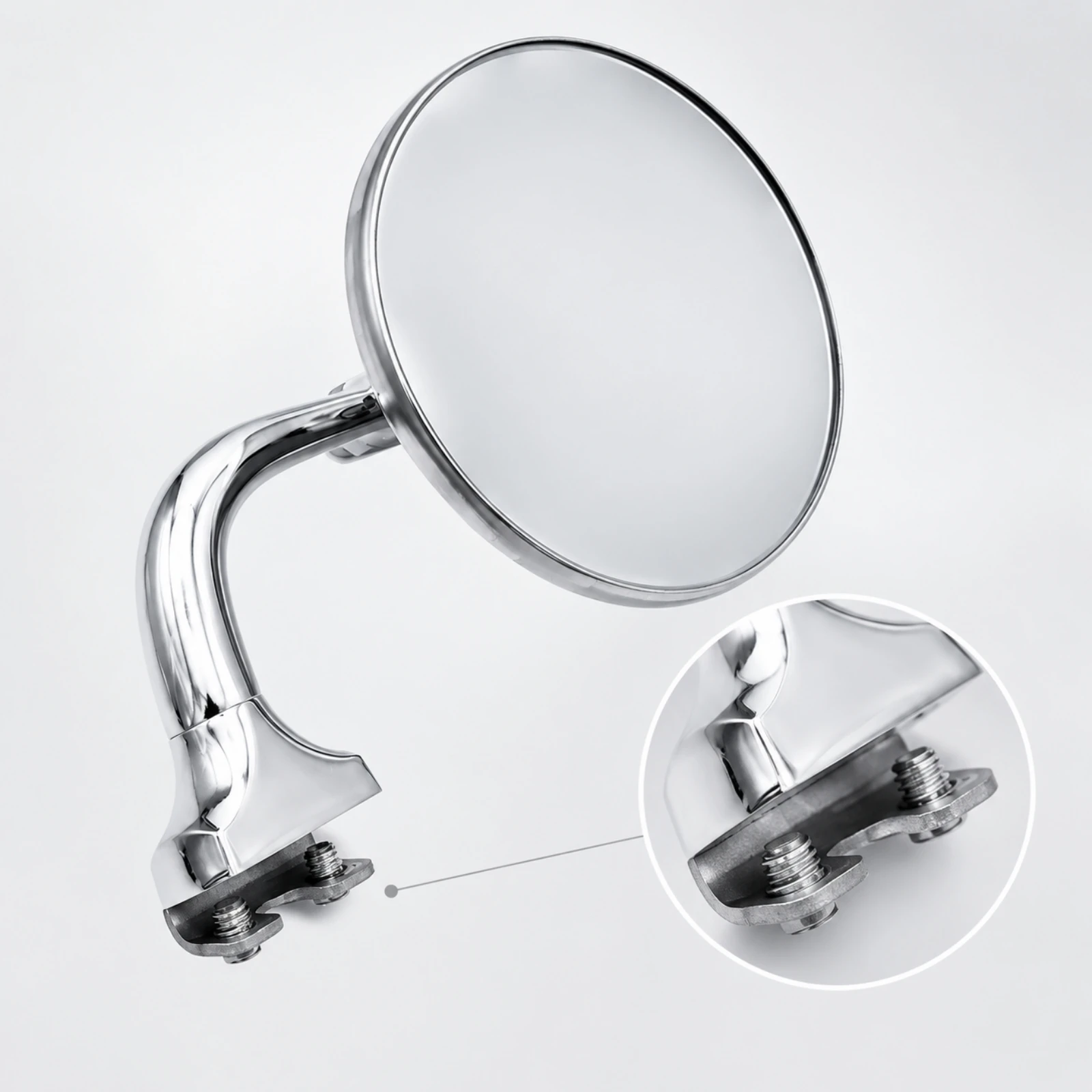 Round Motorcycle Mirror with Clamp Mount Wide Angle Silver Metal Motorcycle Mirror with Curved Arm Sleek Vintage-Inspired